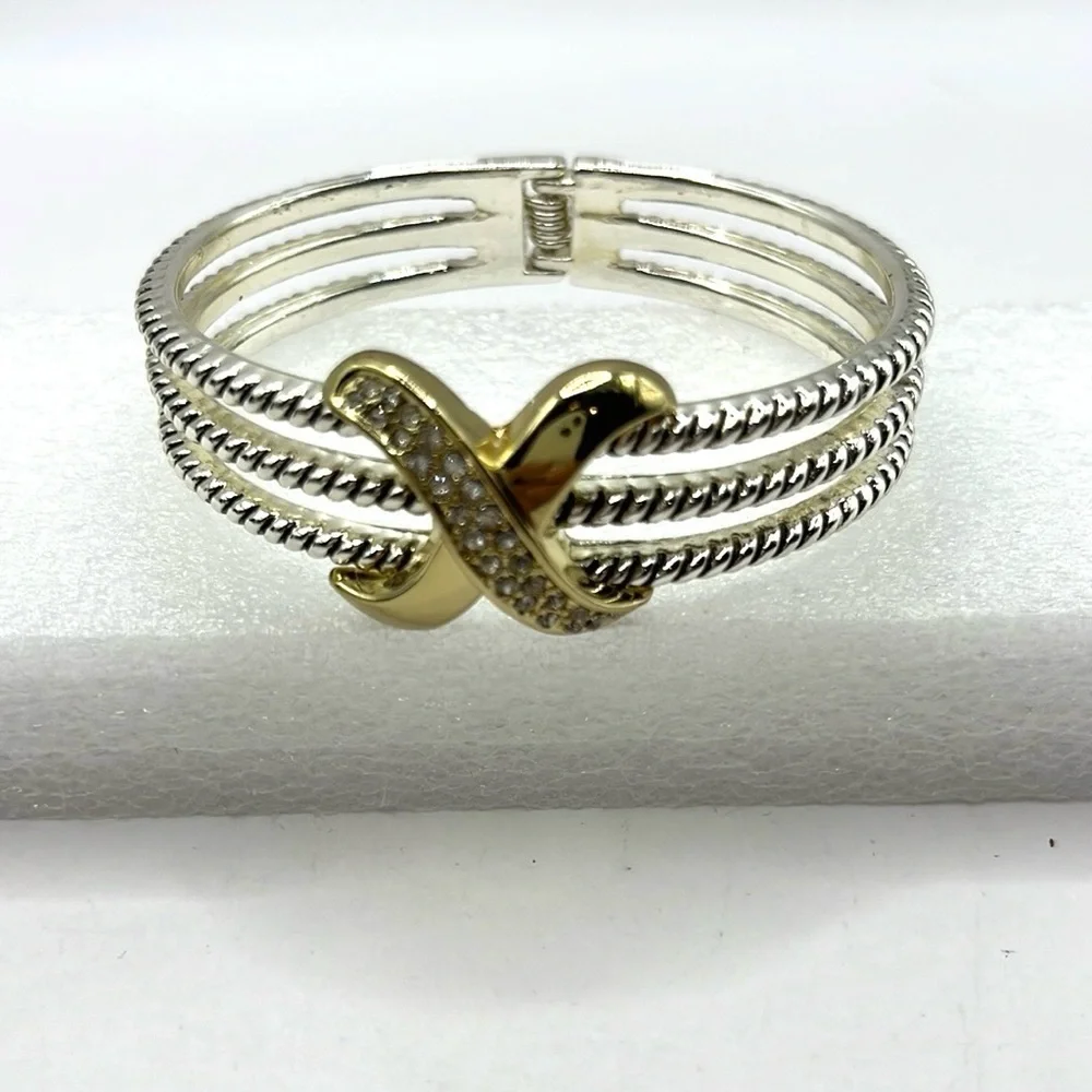 Rope Bracelet Love Crossover Silver Tone Cable Hinged Rhinestone Bangle Chunky